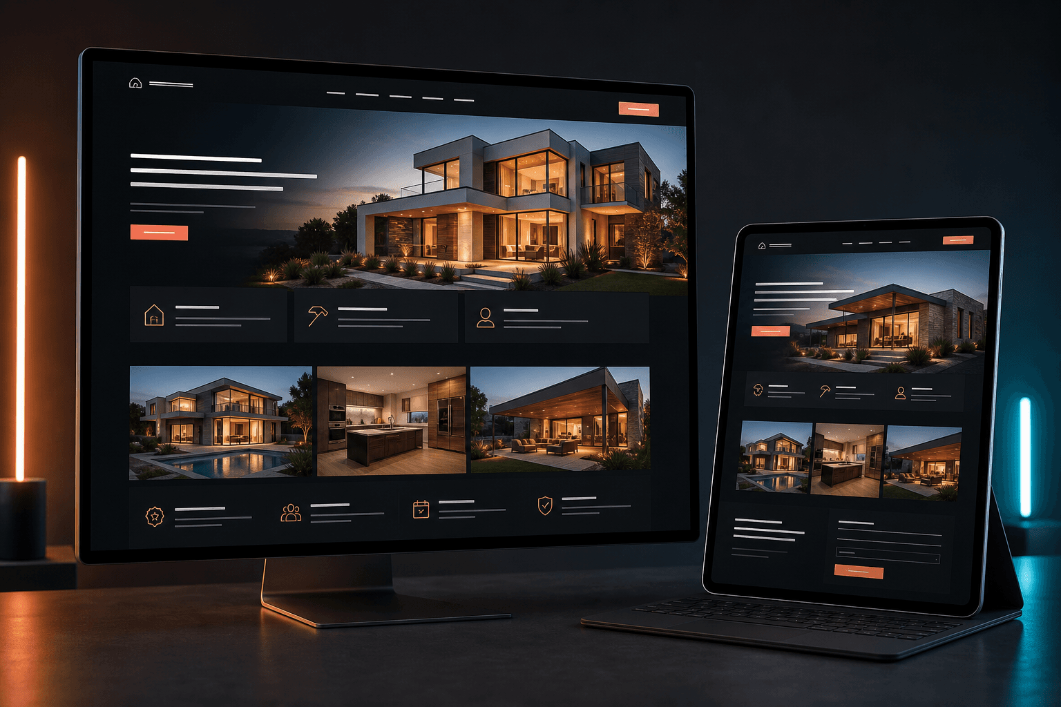 Responsive construction company website concept on desktop and tablet screens